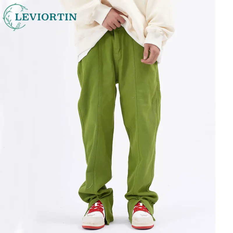 

High Street Regular Fit Straight Pants Men Cotton Twill Enzyme Wash Crotch Split Trousers Classic Chinos Y2K Couples Clothes