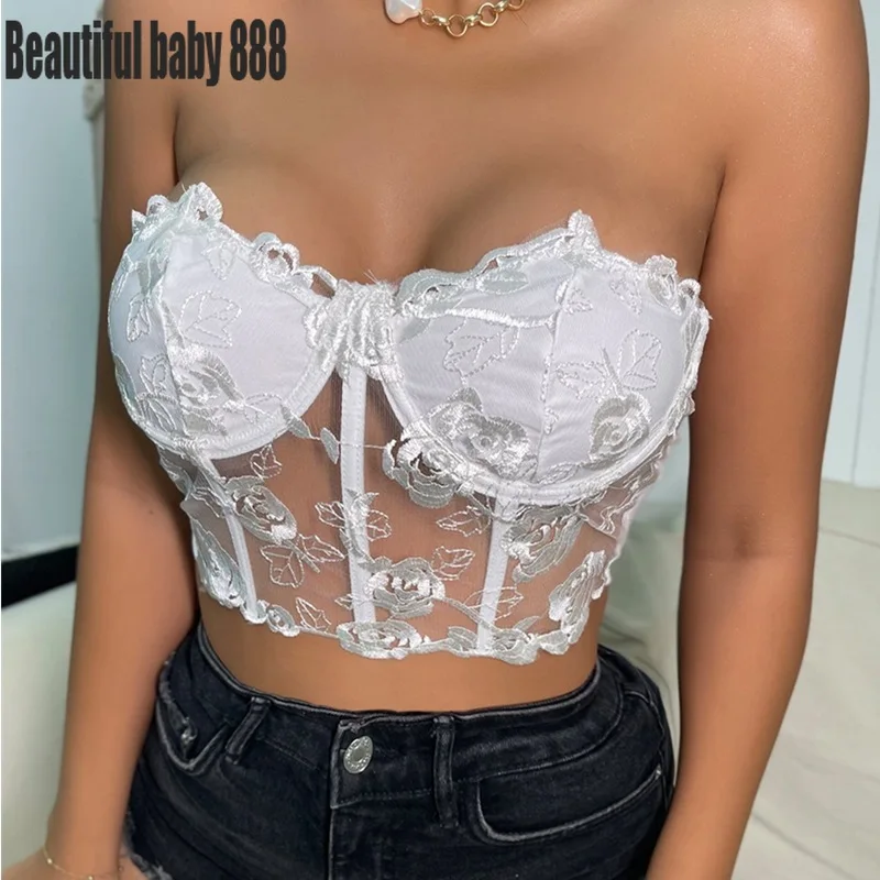 

Floral Secret Corselets Women's Bustier Bra Buttons Cropped Top Sweet Female Wedding White Bralette Vest Sexy Corset Bras Top