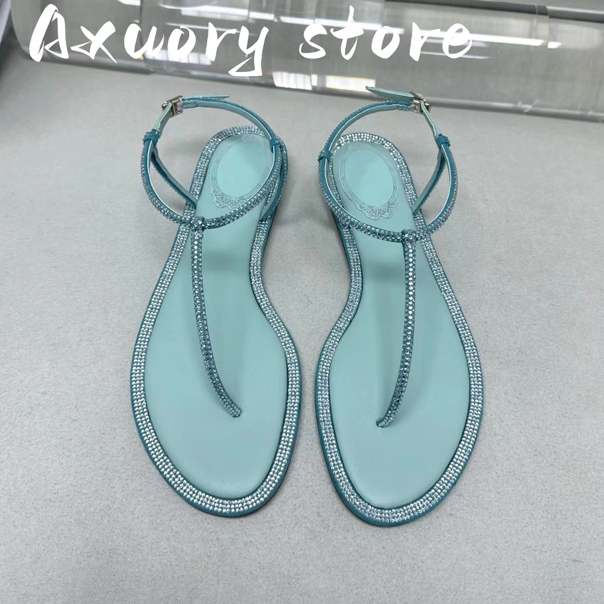 New Black Genuine Leather Toe Crystals Sandals Leisure Beach Flats Rhinestones Shoes For Women Fashion