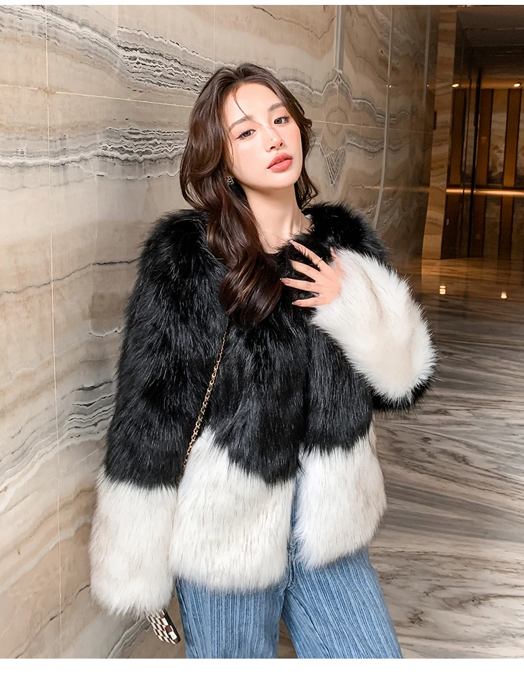 

BULOCHOVA New Winter High Quality Faux Fur Patchwork Color Jacket Coat Women Fashion Thick Warm Wool Coats Ladies Loose Outwear