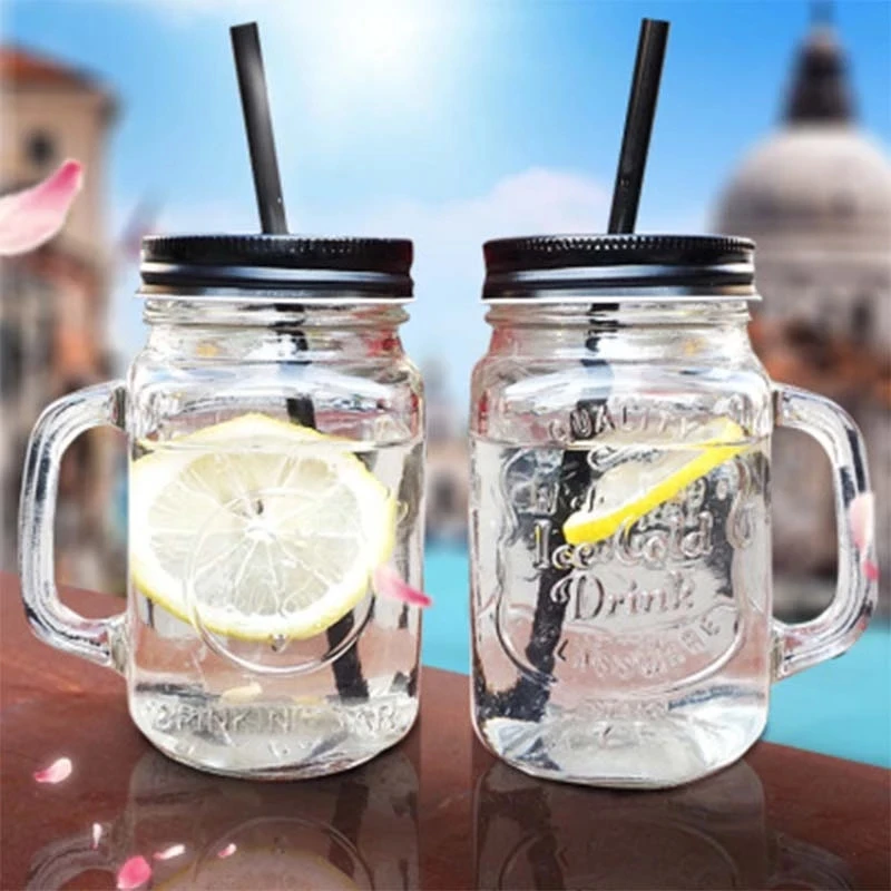 

1/2PC Mason Jar Mugs with Handles Old Fashioned Glass Bottle Juice Drink Clear Glass Water Bottle With Cover Straw Drinkware Cup