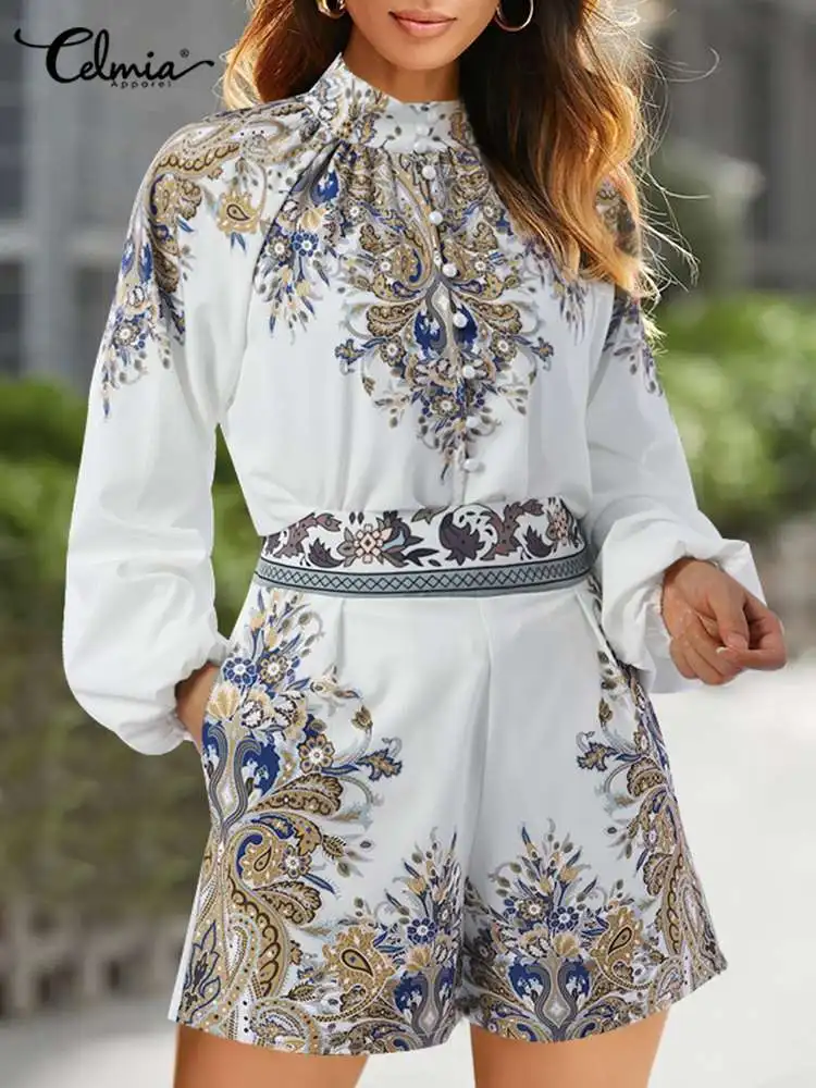 

Celmia Casual Printed High Collar Top Fashion Women 2 PCS Sets High Waist Shorts Matching Sets Long Puff Sleeves Button Shirts