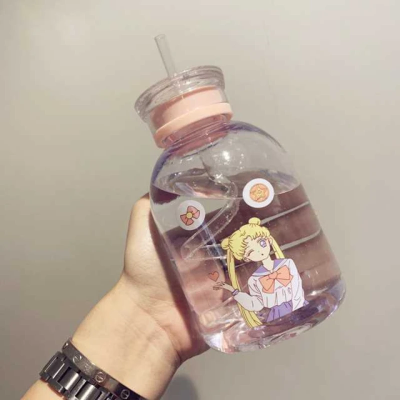 

Anime sailor Cosplay props moon hare cartoon printed plastic water cup Kawaii straw thermos cup