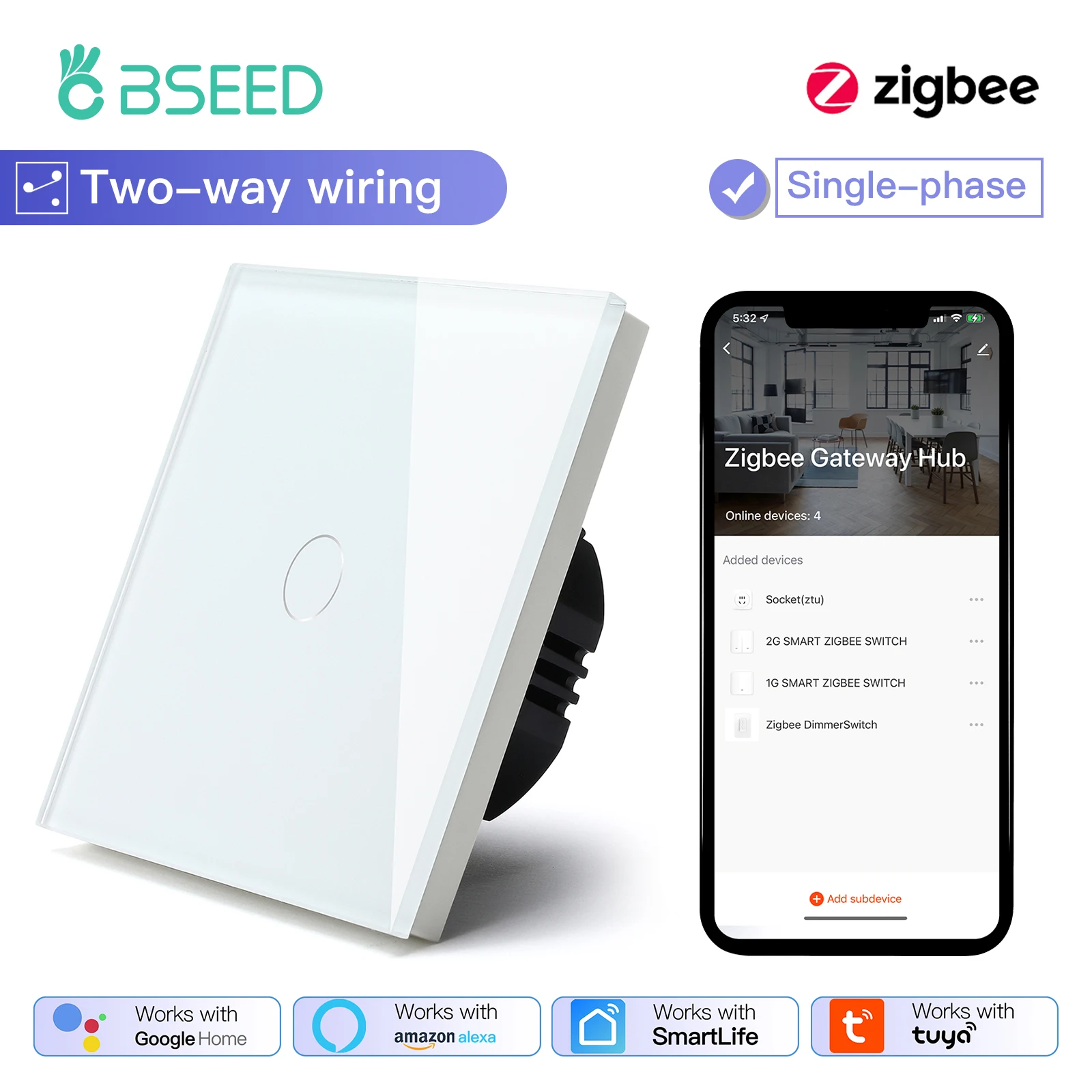 Bseed Smart EU 1/2/3Gang 1/2Way Touch ZigBee выключатель света белый черный умные переключатели Tuya Alexa совместимые украшения дома