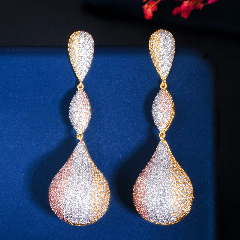

ThreeGraces Luxury Shiny White Cubic Zirconia 3 Tone Gold Plated Long Dangle Earrings for Women Dubai Party Dress Jewelry E1770