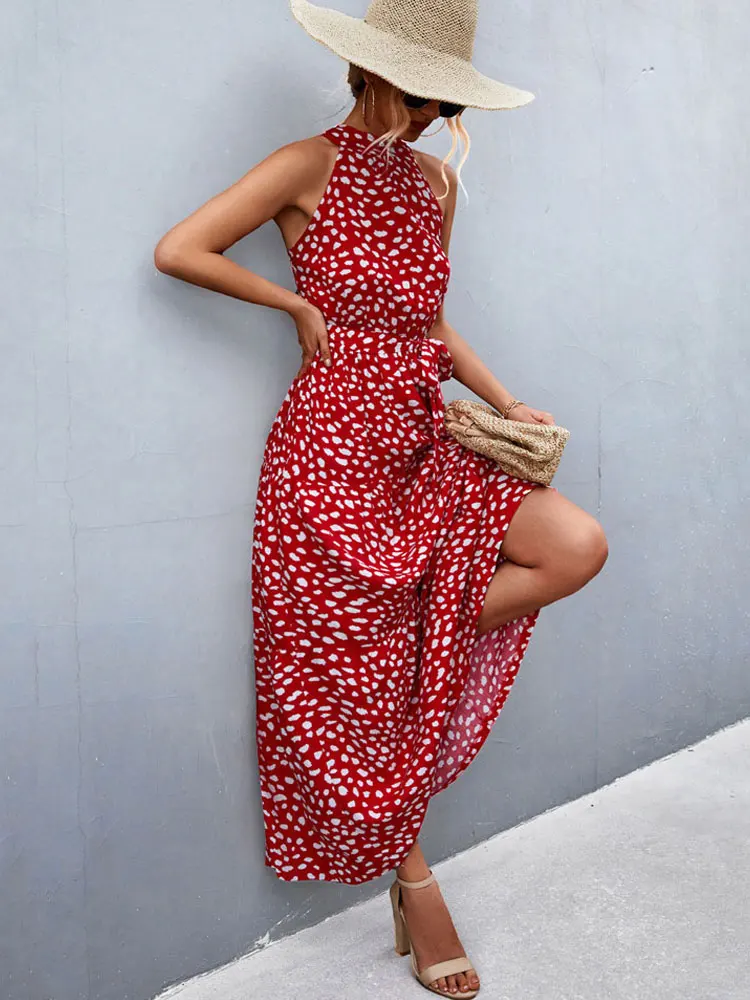 

2022 Summer Floral Boho Maxi Dress Women Elegant Long Party Dress Ladies A Line Halter Print Flower Bohemian Dress For Women