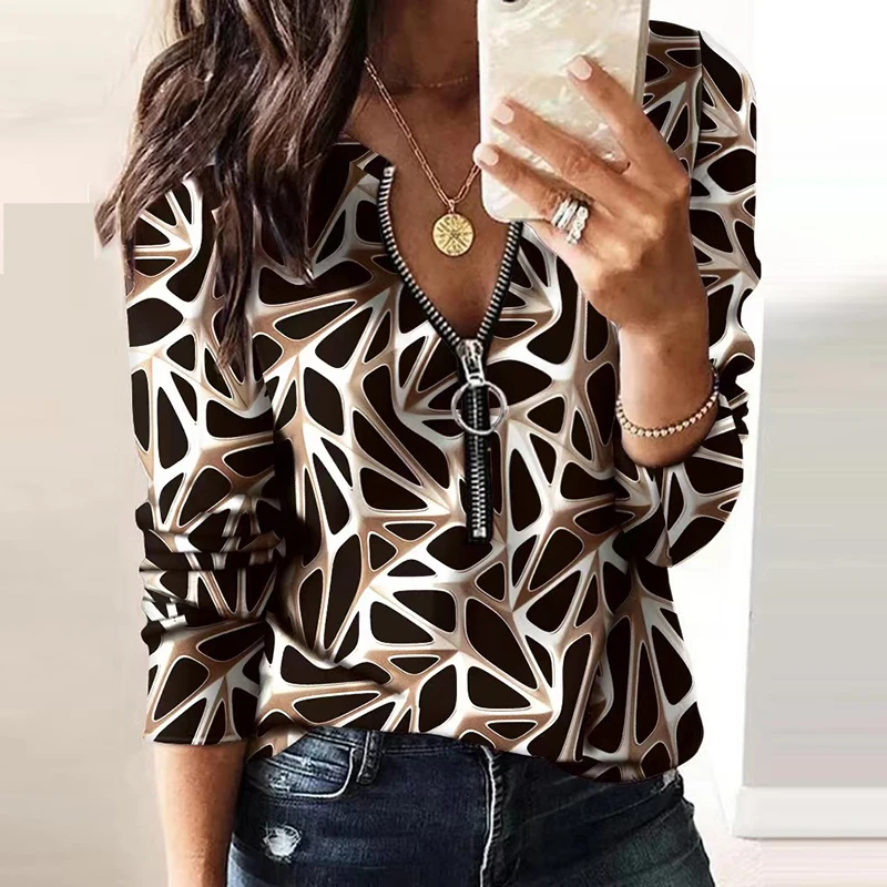 

Spring Autumn Fashion V-neck Zipper Blouse For Women Elegant Geometric Print Long Sleeve Shirt Ladies Casual Slim Pullover Tops