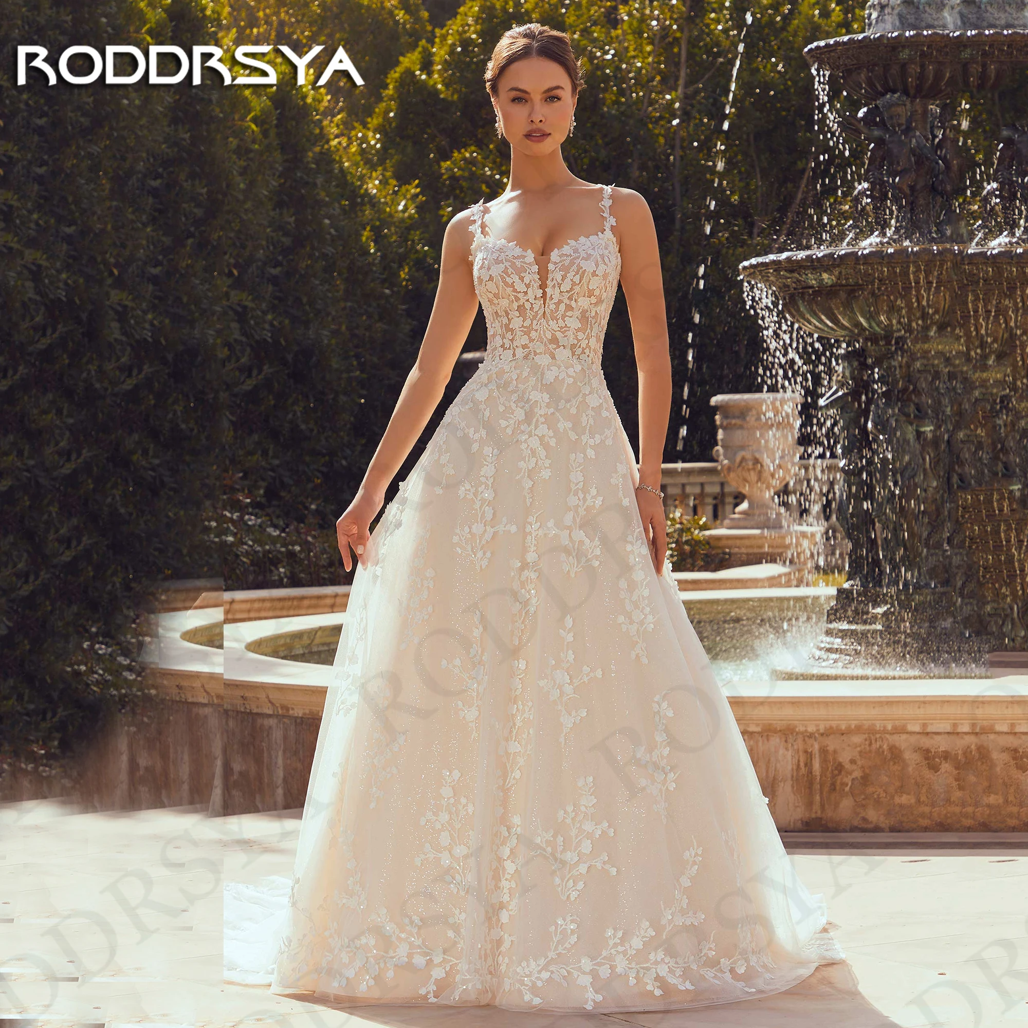 Фото Свадебное платье с аппликацией RODDRSYA, роскошное блестящее Тюлевое платье на бретелях-спагетти с V-образным вырезом, свадебные платья, свадебные платья, 2024 Свадебное платье с аппликациями  2024 Роскошный  Блестящий №1