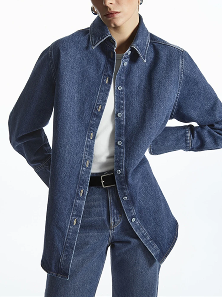 

Women Turn-Down Collar Denim Shirt Single Breasted Simple 2023 Spring Female Loose Straight Blouse Tops