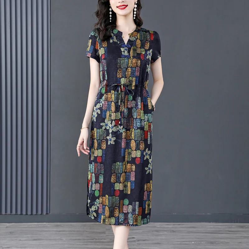 

Платье-Ципао женское шелковое с коротким рукавом и V-образным вырезом