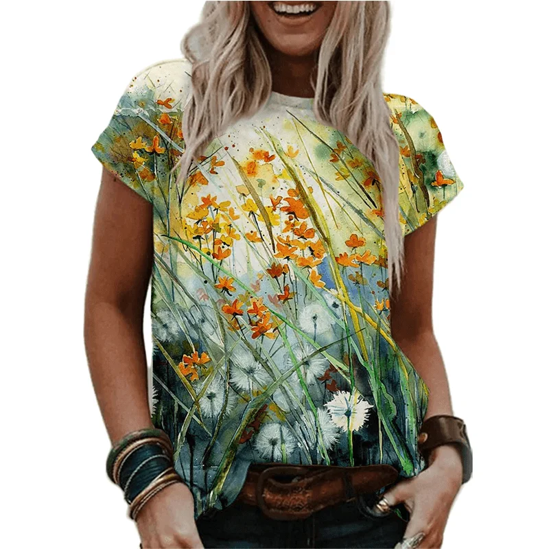 Футболка женская летняя с круглым вырезом топ коротким рукавом и 3D-принтом