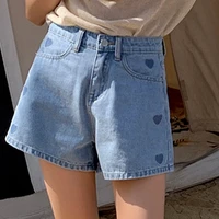 summer high waist sweet love pattern embroidery denim shorts female wide leg a line mini shorts short jeans harajuku cyber y2k
