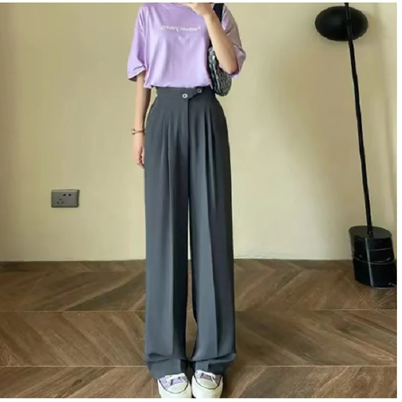 

Широкие офисные брюки для женщин 2023 с высокой талией белые прямые Многослойные брюки с карманами классические повседневные брюки с двумя пуговицами