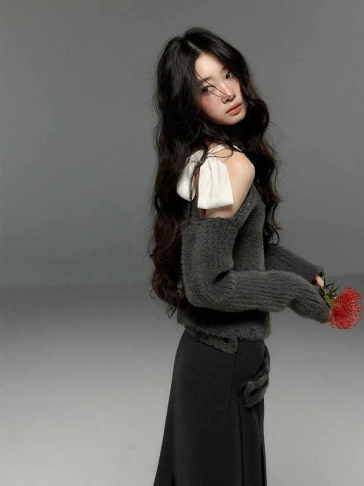 Женский кашемировый свитер с бантом свободный винтажный открытыми плечами Y2k