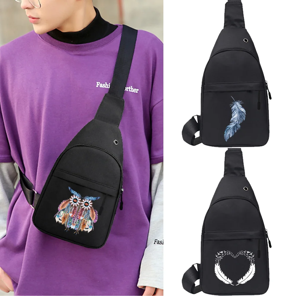 

Man Waist Bag Fanny Pack Fashion Chest Pack Feather Print Outdoor Sports Crossbody Bag Casual Travel Belt Bag Hip Waist Packs