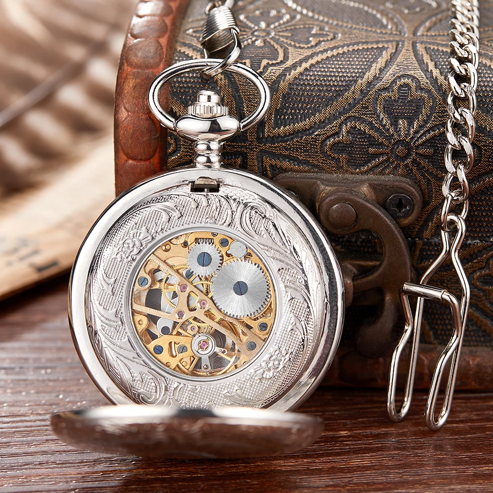 Skeleton Hollow Pocket Watch Men's Unique Flip Watches FOB Chain Pattern Engraved Case Luxury Dial Clock Male Relogio Masculino