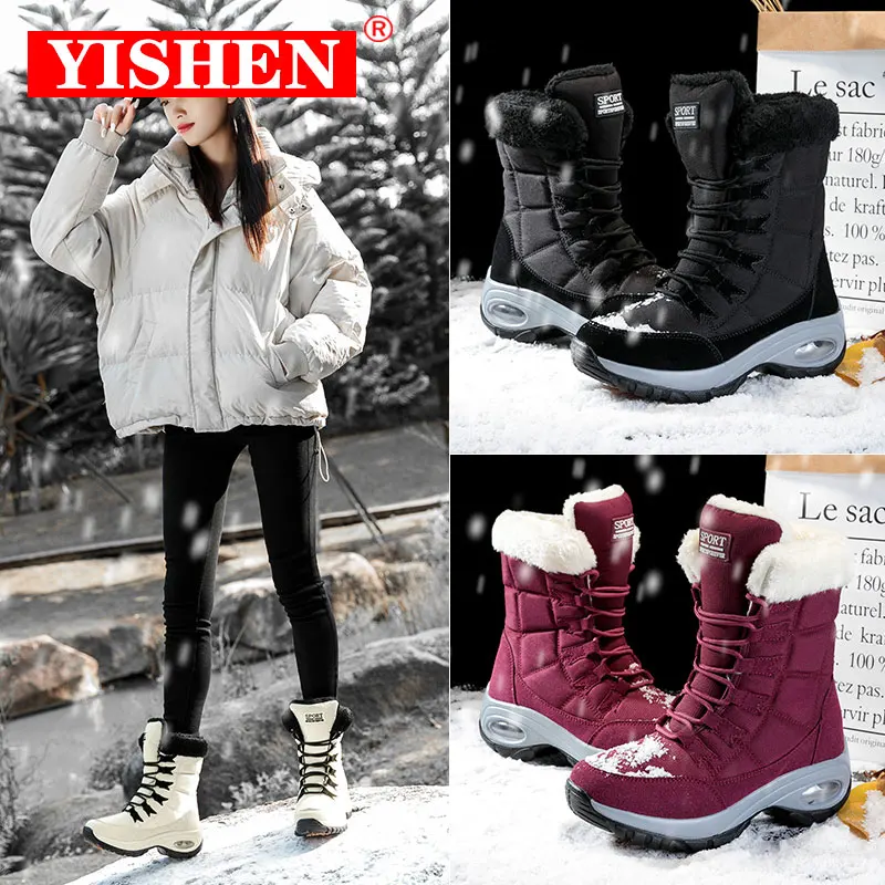 

YISHEN Snow Boots Women Mid-Calf Warm Fur Lined Snow Boots Cushioning Outdoor Booties Chaussures Femme Winter Shoes For Women