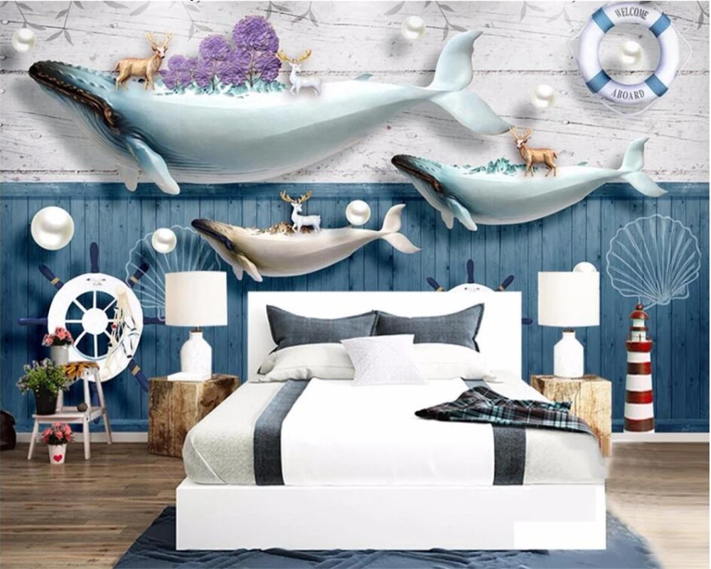 

Beibehang Custom Wallpaper 3d Photo Mural Jewelery Ocean Whale Lighthouse Sailing Boat Brick Wall paper Mediterranean wallpaper