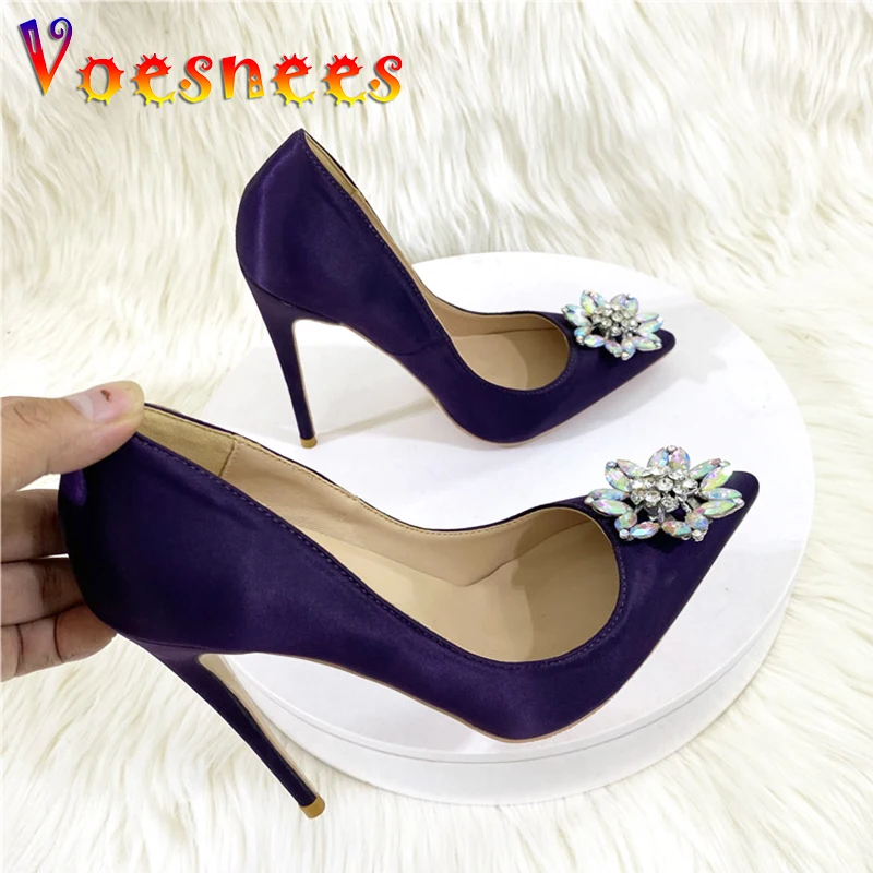 

Women Classic Pointed Toe High Heels 10CM Crystal Flower Shining Single Shoes Quality Silk 2023 Autumn Comfortable Slip-On Pumps