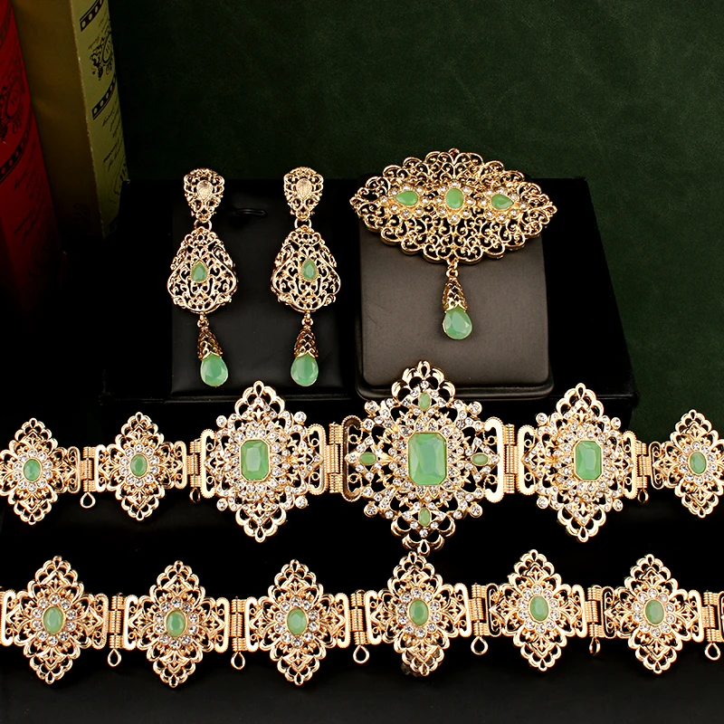 

Herseygold Moroccan Wedding Jewery Set Gold Plated Green Muslim Sets for Women Middle East Robe Caftan Bride Accesories