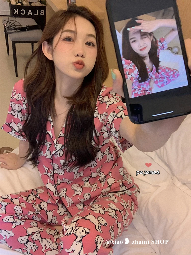 E GIRLS  Women Dog Print Pajama Set Female 2022 New Summer Loose Comfortable Short-sleeved Shorts Home Clothes Two-piece Set