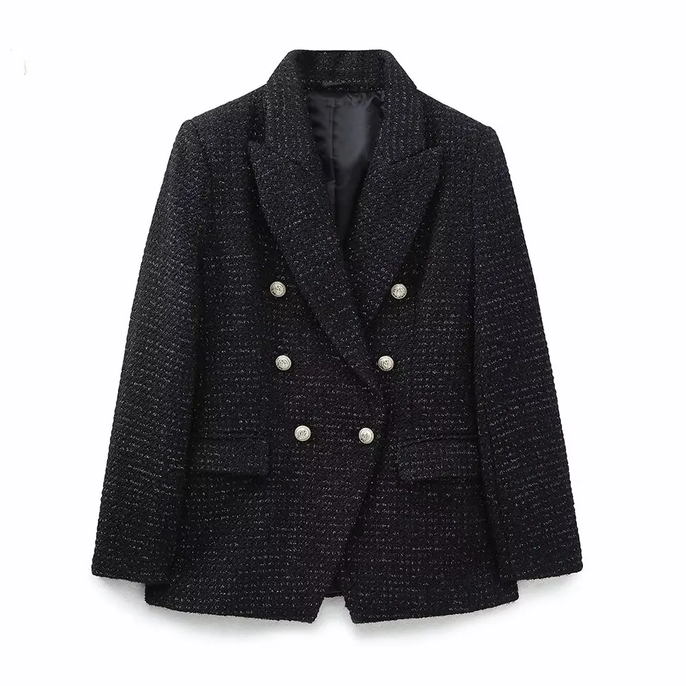Jenny&Dave England Style Office Lady Double Breasted Tweed Texture Fashion Blazers Casual Jacket Women
