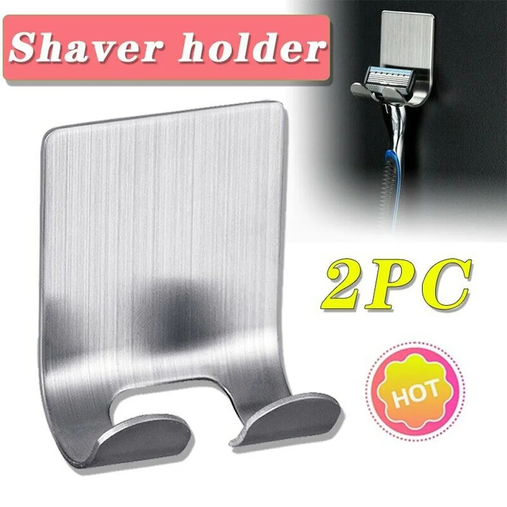

NEW 2pcs Stainless Steel Wall Mounted Holder Men's Shaver Razor Stand Storage Hook Shaving Shelf Rack Bathroom Hook Organizer