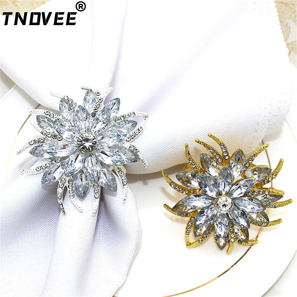 

6Pcs Lotus Napkin Rings Bling Crystal Rhinestone Napkin Holder Ring for Wedding Christmas Bride Shower Birthday PartyTable Decor