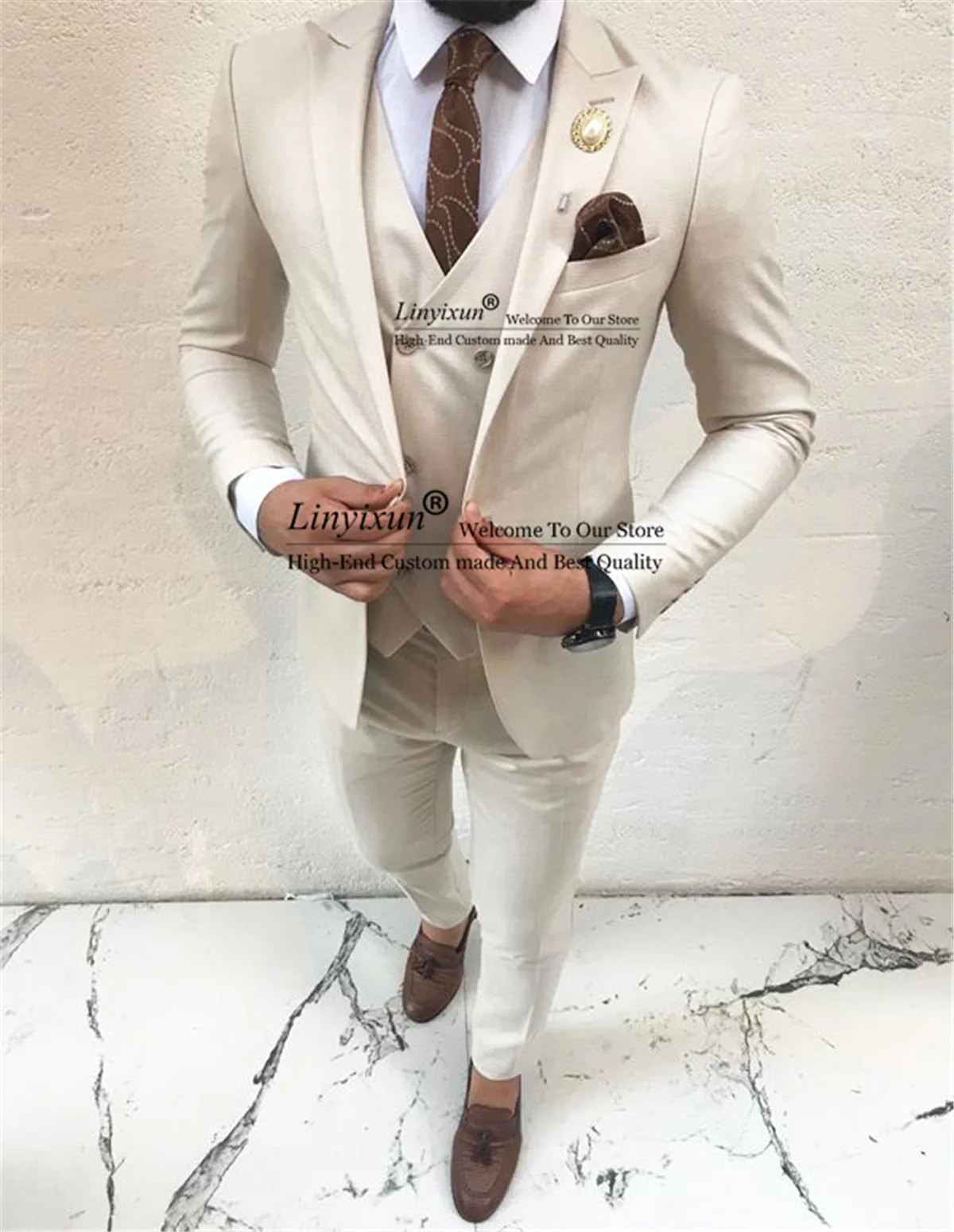 

Костюм мужской из трех предметов, пиджак и брюки с заостренным воротником, костюм для выпускного вечера, блейзер для деловых мужчин, бежевый цвет