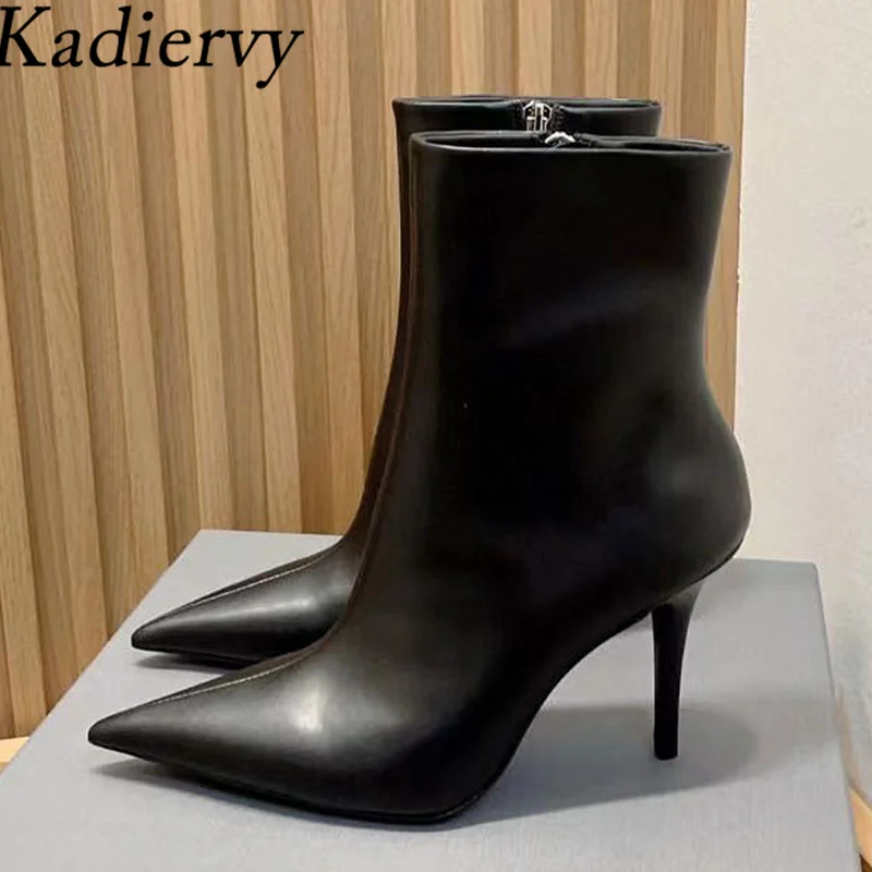 

Sexy High Heels Ankle Boots For Women Genuine Leather Black White Runway Shoes Women Thin Heels Short Boots Woman Botas Mujer