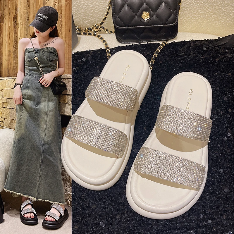 

platform sandals crystal double band muffins summer shoes woman two ways gladiator sandalias back strap glitter beach slippers