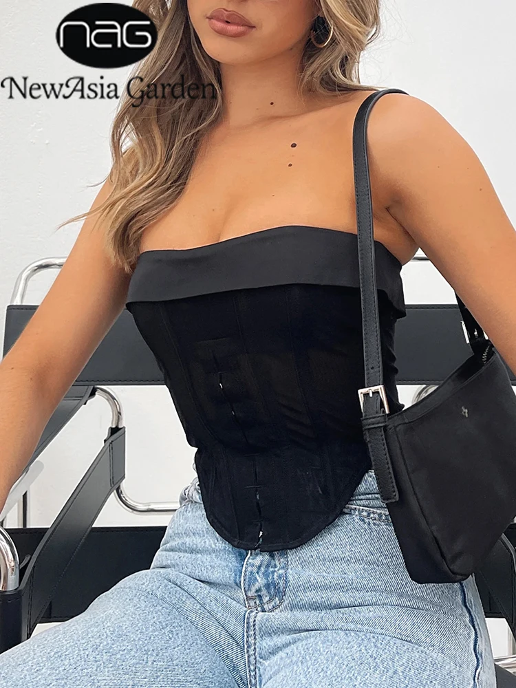 

NewAsia Mesh Corset Top See Through Cut out Strapless Button Zipper Boning Tube Top Women Sexy Party Crop Bustier Chic dbardeurs