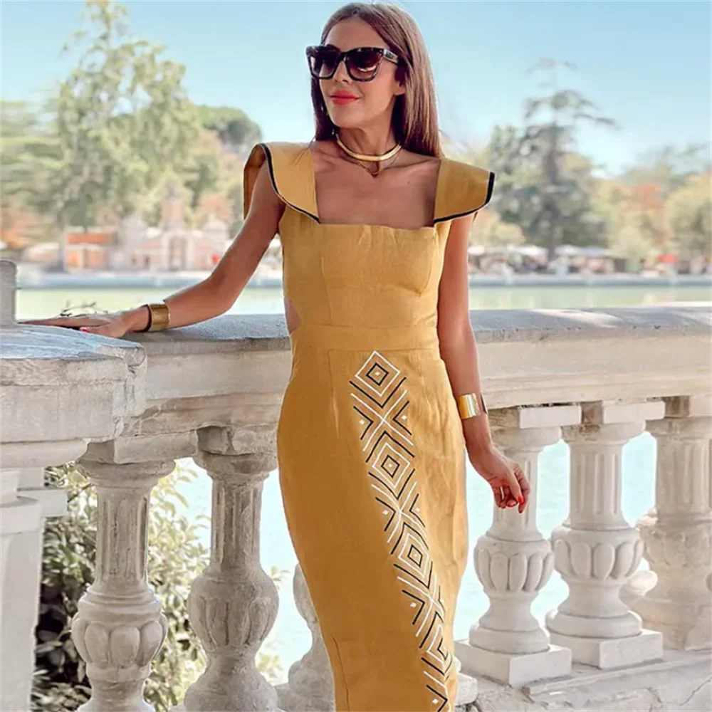 Damski Modny Nadruk Kwadratowy Maxi Dress Повседневный стиль Slim Fit Летнее платье из полиэстера для