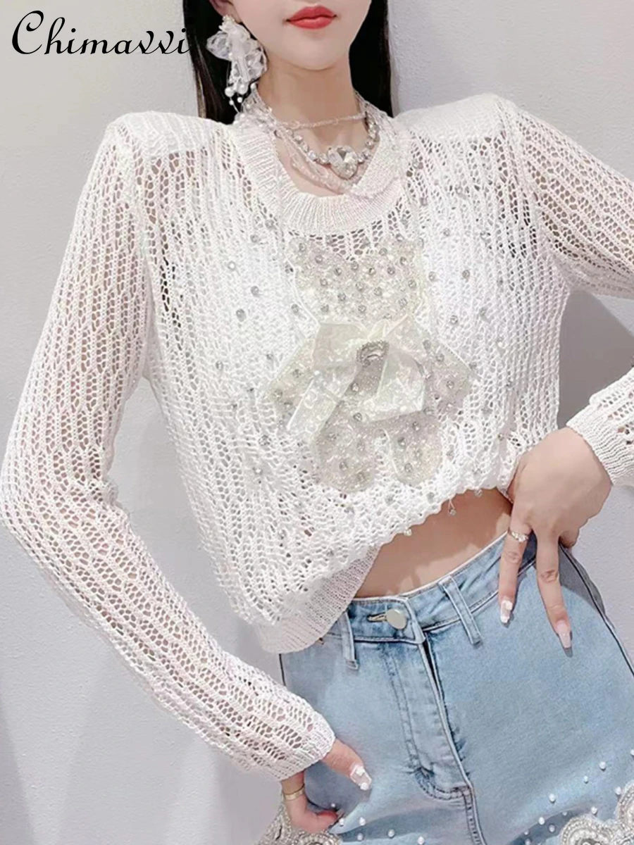 

Women 2022 Summer New Fashion Sweet Hollow Pullover Sweater Ladies Korean Style Fairy Rhinestone Bear Sun Protection Knitted Top