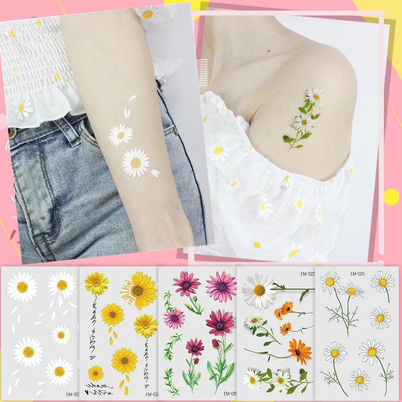 Waterproof Flower Tattoo Stickers Small Daisy Fake Tattoos Paste on Face Arm Leg for Children Men Women Body Art