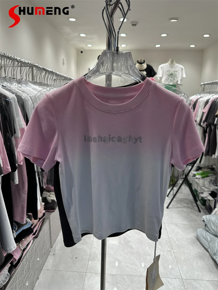 

Summer Pure Cotton Slim-Fit Short Design High Waist Shoulder Short Sleeve T-shirt Women's Gradient Color Sweet Top Ins