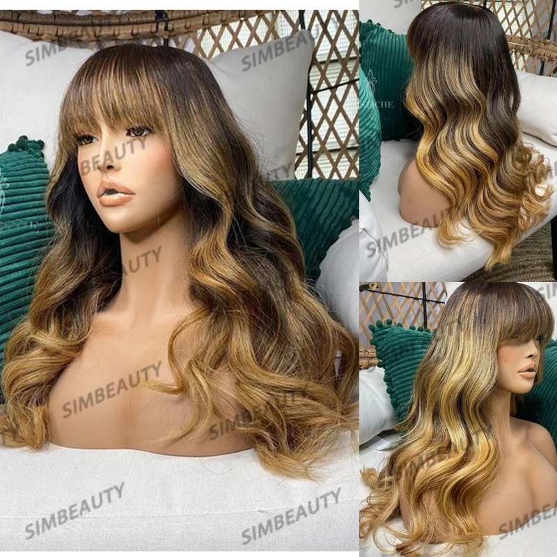 

Thin Bangs Ombre Honey Blonde Long Wavy Full Machine Made Human Hair Wigs for Women Highlight Copper Brown Glueless Fringe Wigs