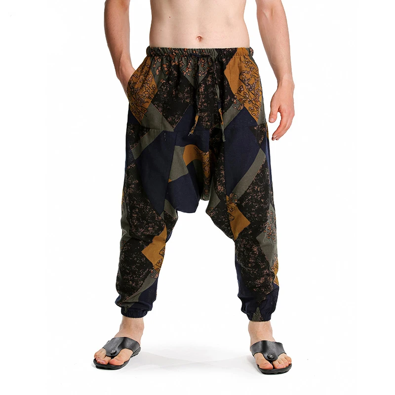 

Mens Cotton Linen Baggy Hippie Boho Yoga Harem Pants Vintage Print Drop Crotch Jogger Men Casual Streetwear Sports Trousers Male