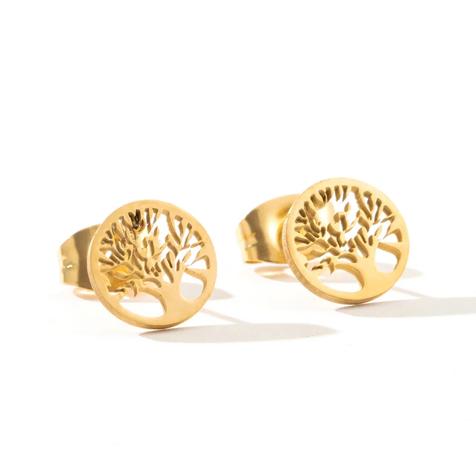 Simple Tree of Life Stud Earrings Round Hollow Sycamore Tree Pattern Earrings Stud Jewelry Gift