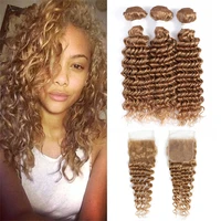 honey blonde human hair bundles with closure brazilian deep wave human hair with closure non remy hair weave extensions goodhair