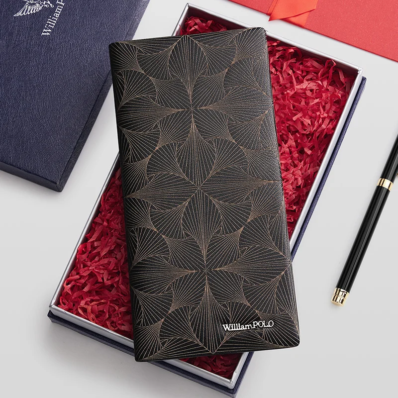 

WILLIAMPOLO New Men's Wallet Long Slim Card Holder Name Print Male Purses Luxury Leather Coin Pocket High Quality Men Wallets