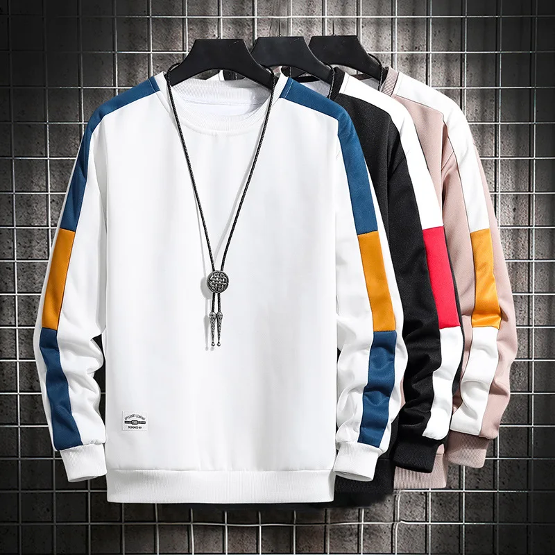 Long Sleeve Harajuku Sweatshirts Men 2022 New Fashion 6 Color Hoodie Mens Casual O-Neck Patchwork Sweatshirt for Young Men