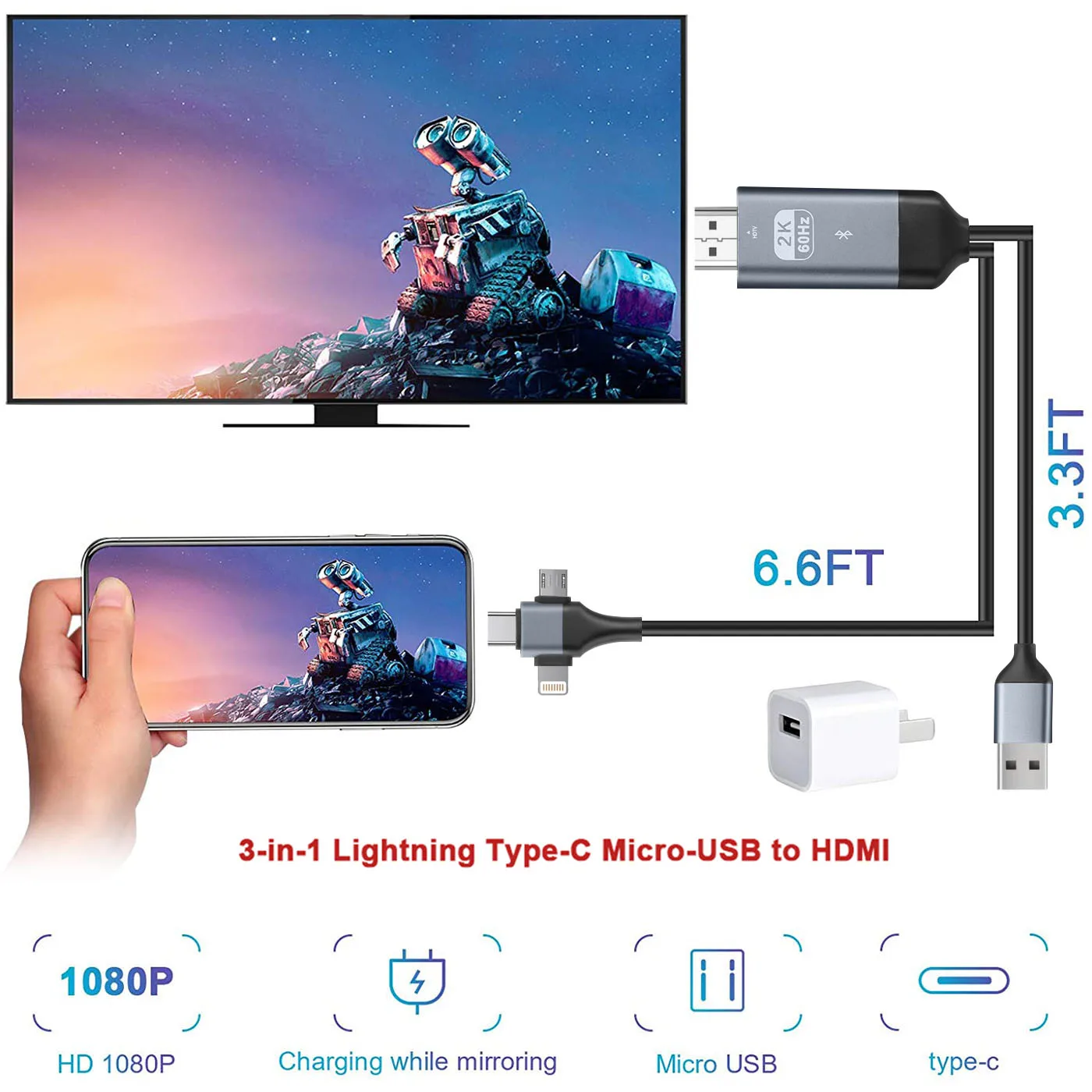 3 In 1 Lightning/Micro USB/Type C To HDMI Cable Adapter Universal HD Same Screen Cable Digital AV for IPhone Tablet TV Projector