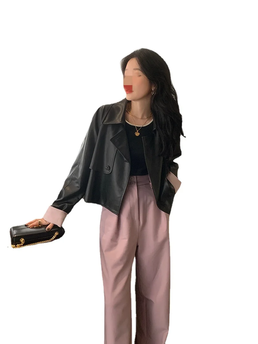 Sweet Girl Korean Short  Black Stitching Leather Coat Female Autumn 2022 Korean Fashion Loose Motorcycle Jacket Japan