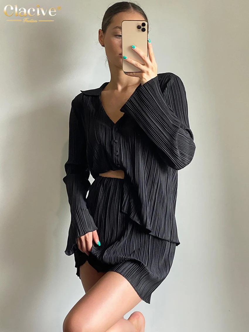 

Clacive Autumn Black Pleated Skirts Sets Fashion High Waist Mini Skirt Suits Elegant Long Sleeve Shirts Womens Two Peice Sets