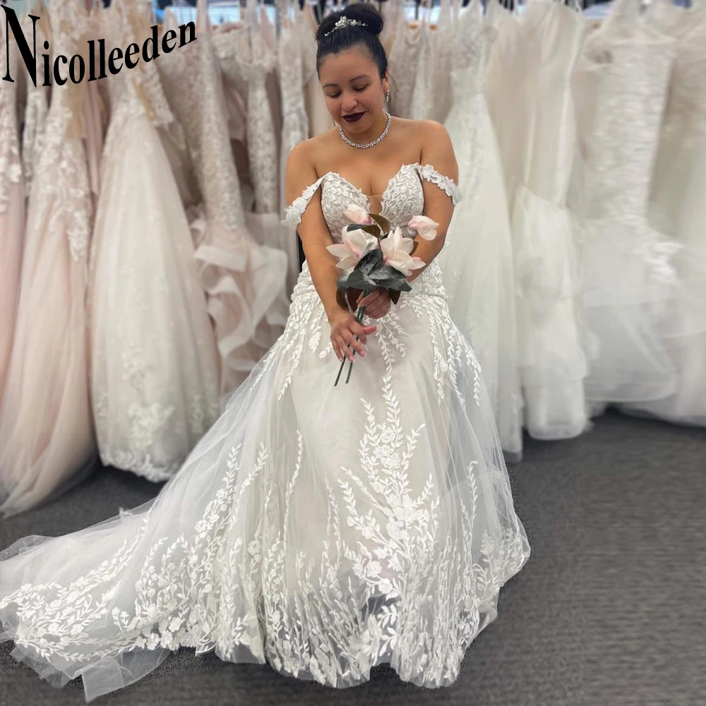 

Nicolle Lace Appliques Wedding Dresses 2023 Bride Gown Modern V Neck Off The Shoulder Tulle Lacing Up Robe De Soirée De Mariage