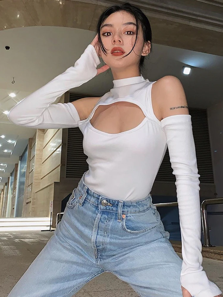 

Fashion Women’s Rompers Spring Long-sleeved Bodysuit Solid Color Hollow Off-shoulder Half High Collar Jumpsuit Clothes Match