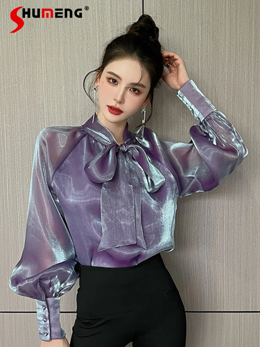 

2022 Spring New Women's Lace-up Bright Silk Shirts with Ribbon Elelgant Long Lantern Sleeve Pearl Chiffon Top Fashion Clothing