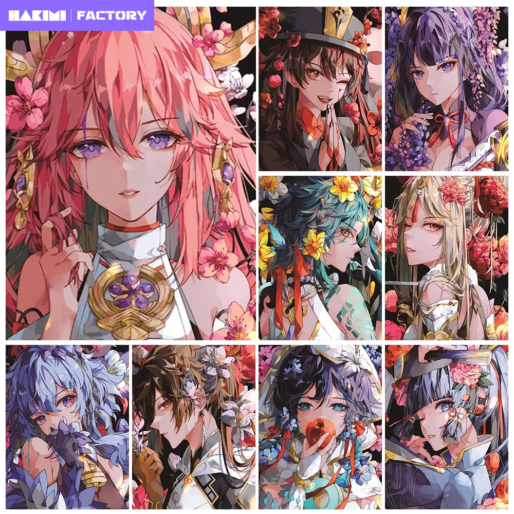 

Anime Game Genshin Impact Cartoon Characters Floral Posters AB Diamond Painting Cross Stitch Mosaic Home Bedroom Decor