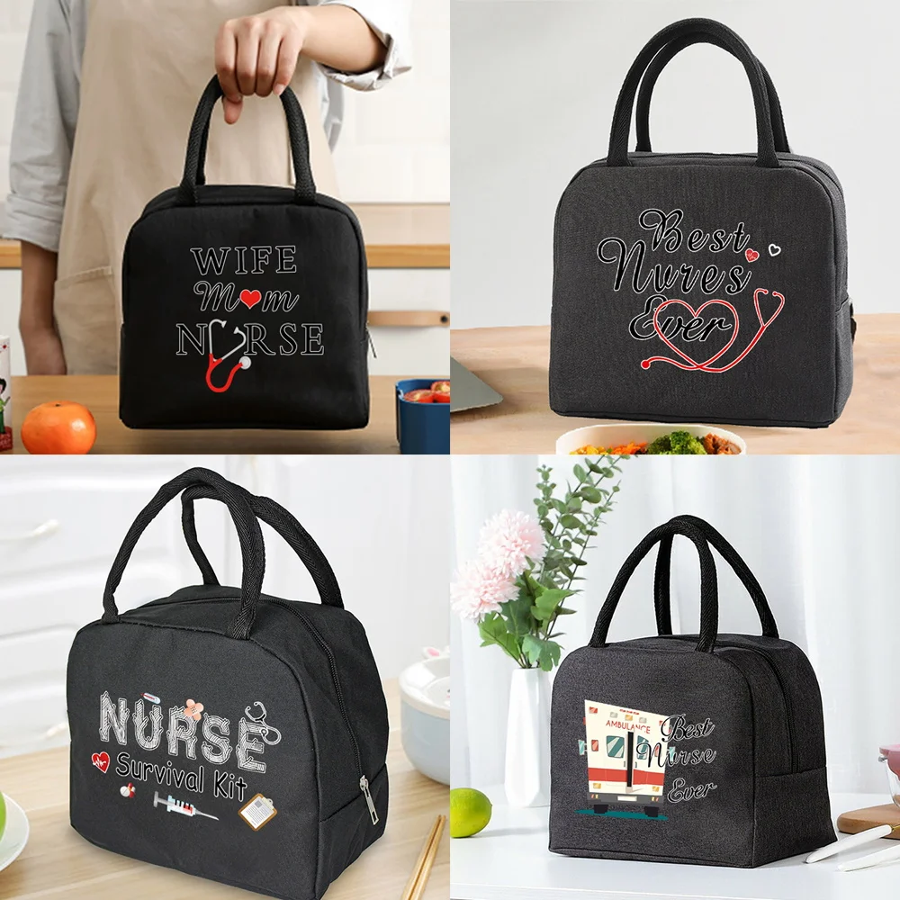Zipper Cooler Tote Thermal Bag Lunch Box  Canvas Food Picnic Lunch Bags For Work Handbag Nurse Pattern